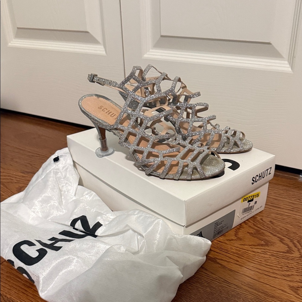 SCHUTZ Glittering Silver Cage Heels